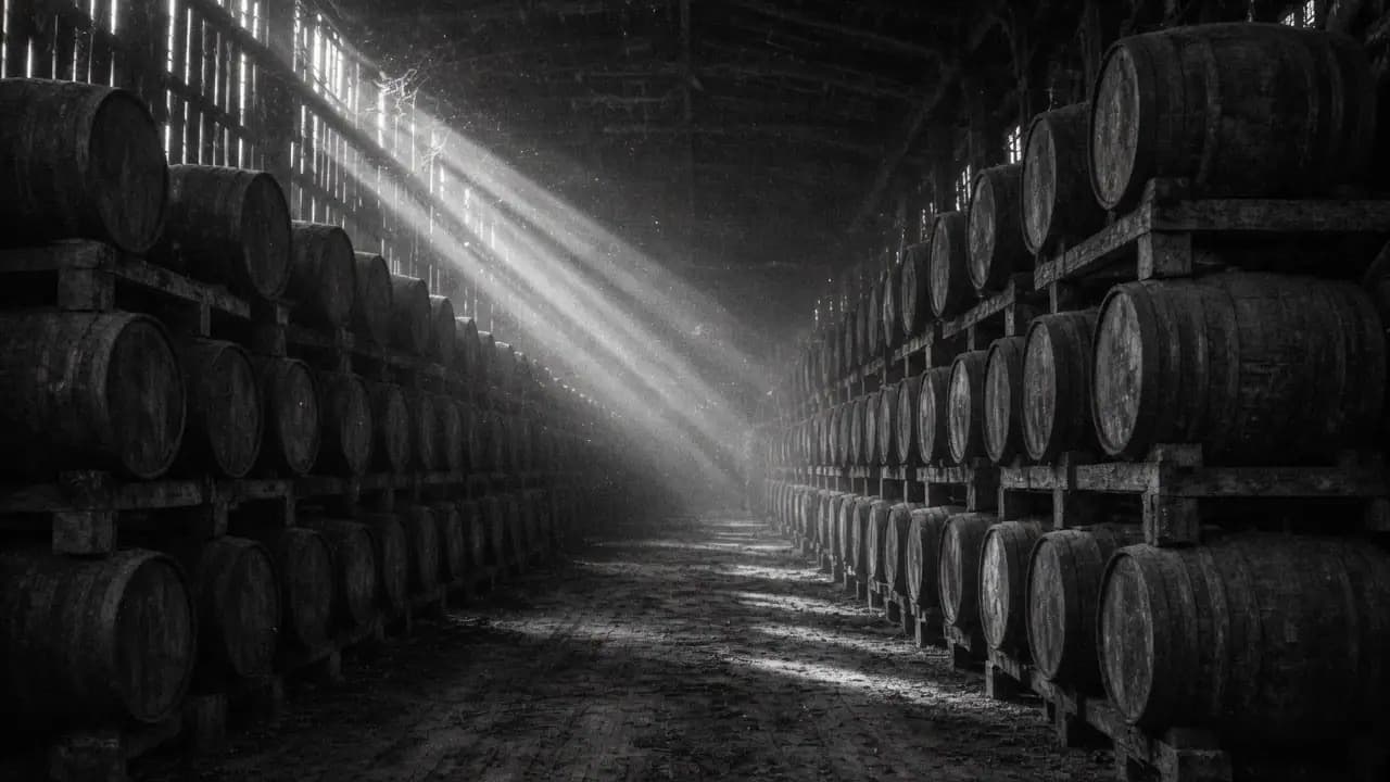 Barrels racked down a warehouse aisle